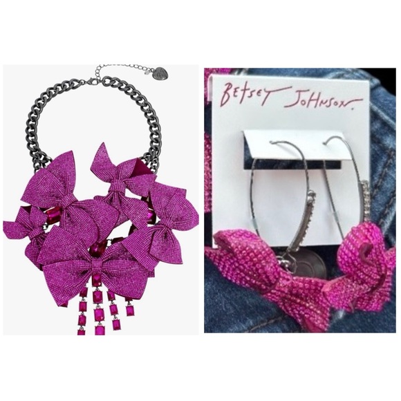 BETSEY JOHNSON SET Pink Pavé & Crystals Statement Bow Necklace & Earrings NWT - Picture 1 of 16